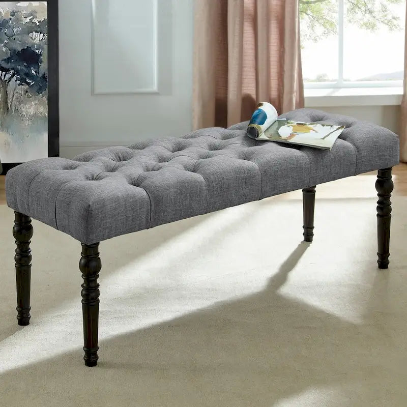 Tufted Fabric Dining Bench with Turned Legs