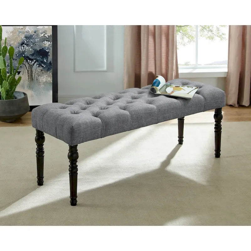 Tufted Fabric Dining Bench with Turned Legs