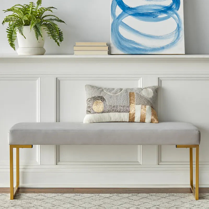Velvet Upholstered Bench with Gold-tone Sled Legs