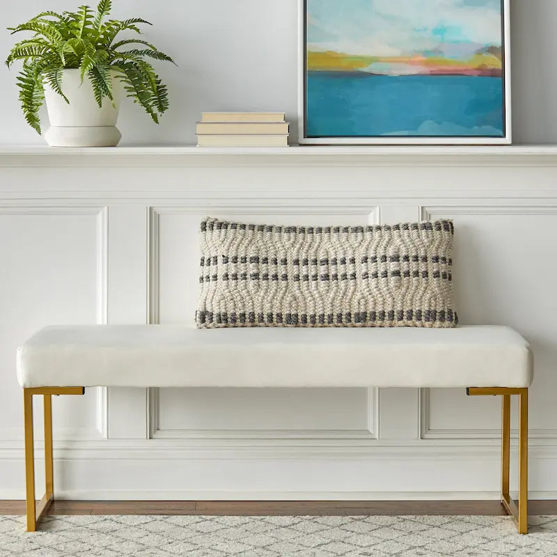 Velvet Upholstered Bench with Gold-tone Sled Legs