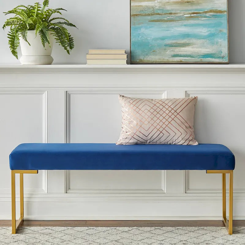Velvet Upholstered Bench with Gold-tone Sled Legs