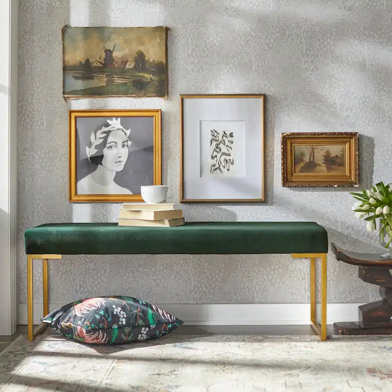 Velvet Upholstered Bench with Gold-tone Sled Legs