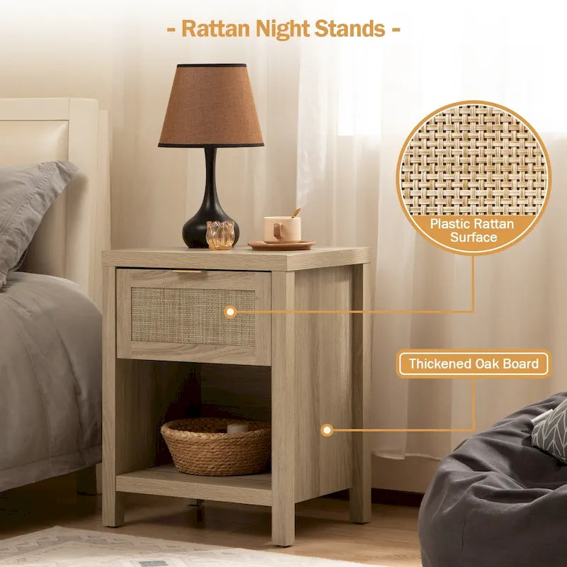 Farmhouse Rattan Nightstand Set of 2 with Drawer and Storage Shelf