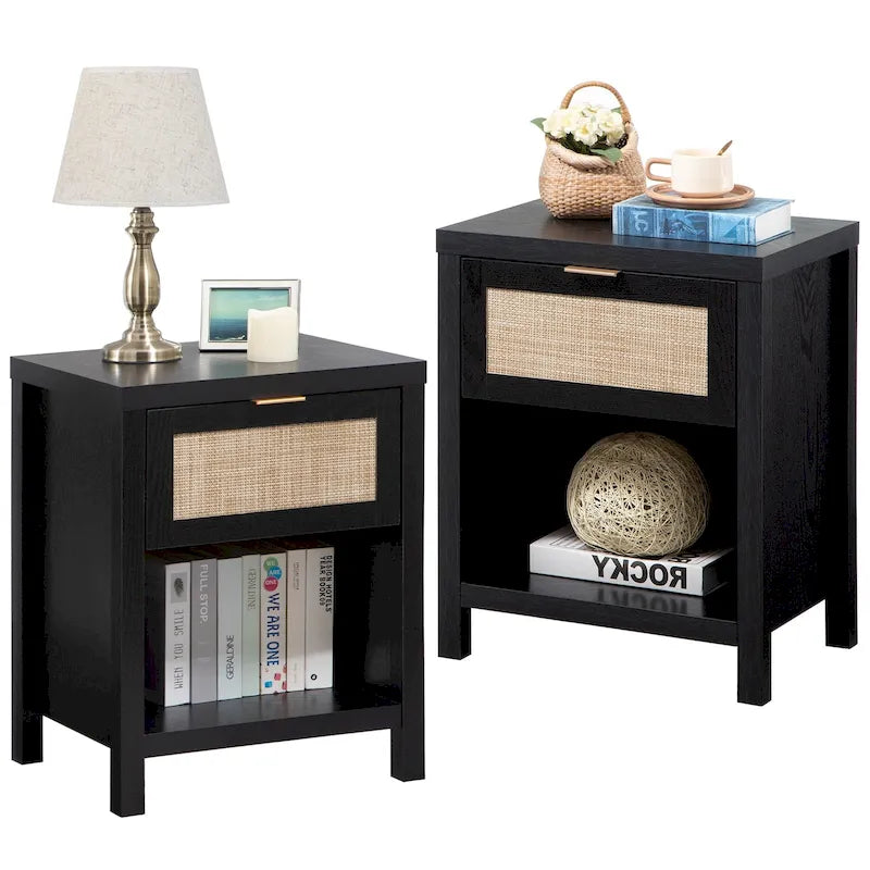 Farmhouse Rattan Nightstand Set of 2 with Drawer and Storage Shelf