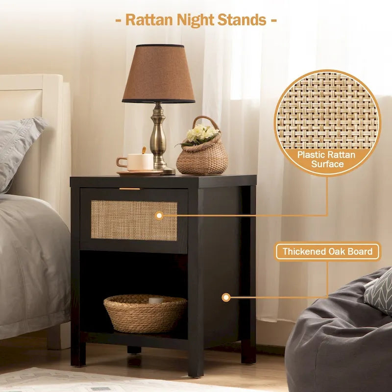 2er-Set Nachttische im Landhausstil aus Rattan mit Schublade und Ablageboden