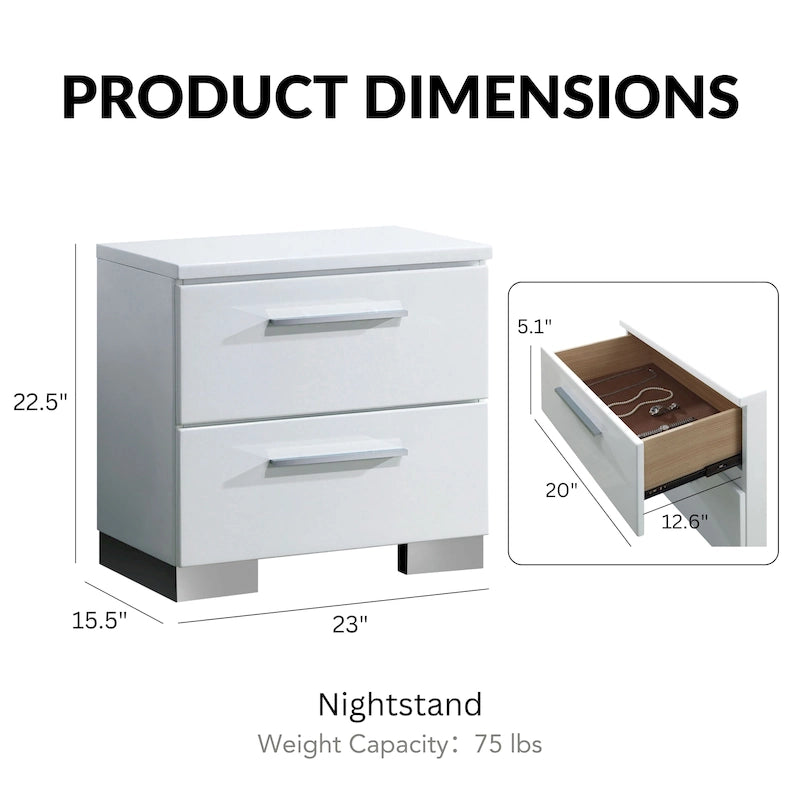 Contemporary White Wood 2-Drawer Nightstand