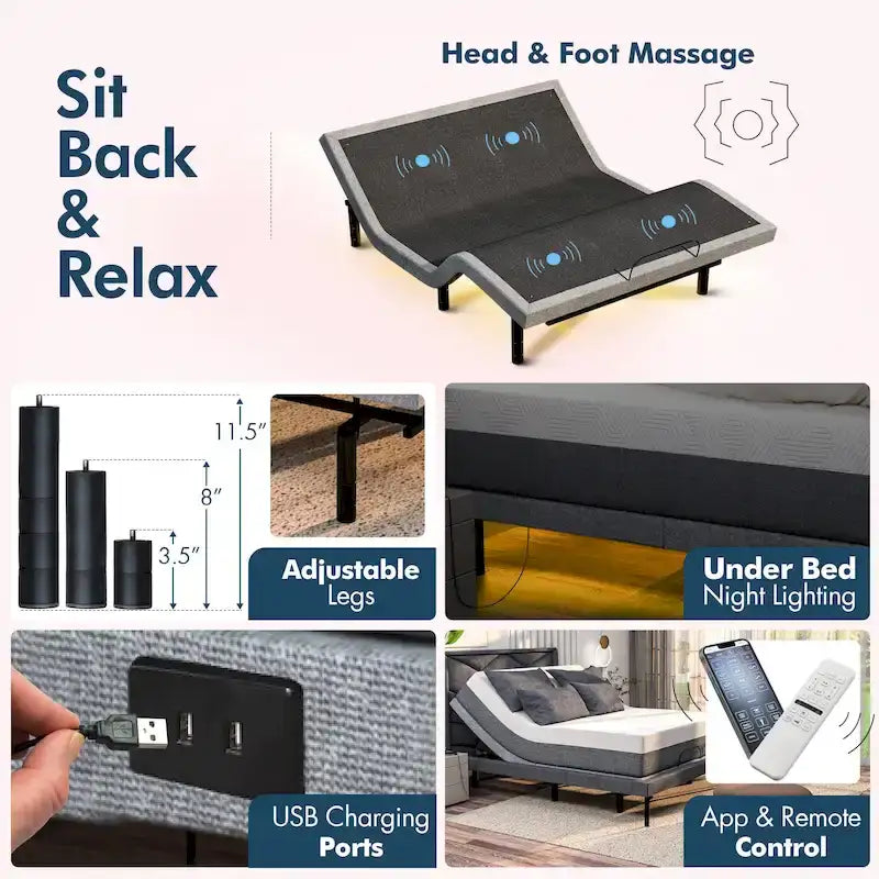 Adjustable Bed Base with Dual Massage - USB, Under Bed Light, Zero Gravity, App Control, Head and Foot Incline