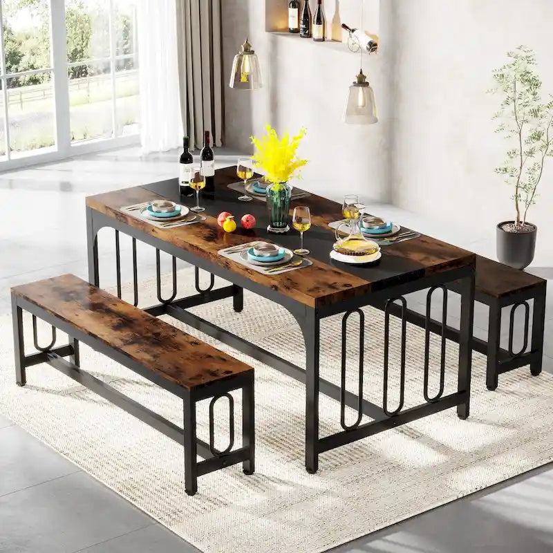 55 Inch Kitchen Table with 2 Benches, Dining Table Set for 4-6