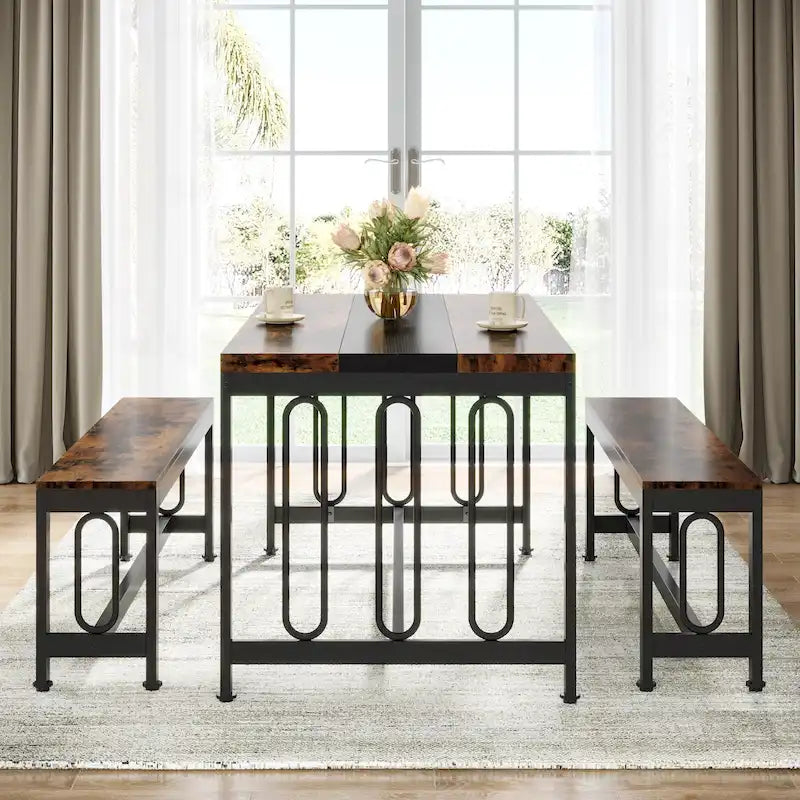 55 Inch Kitchen Table with 2 Benches, Dining Table Set for 4-6