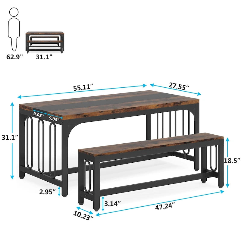 55 Inch Kitchen Table with 2 Benches, Dining Table Set for 4-6