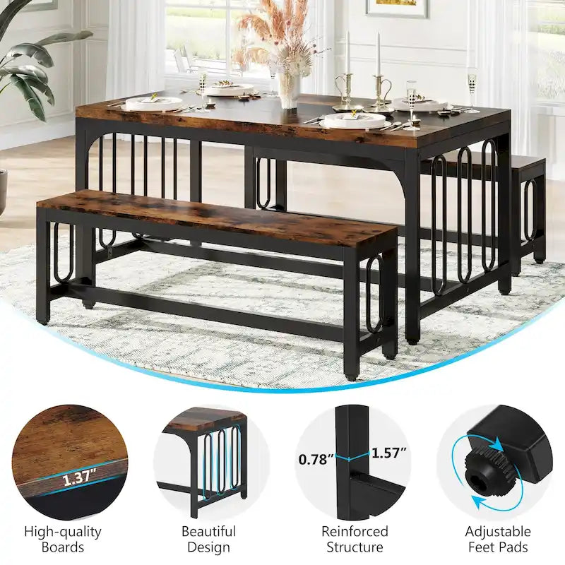 55 Inch Kitchen Table with 2 Benches, Dining Table Set for 4-6