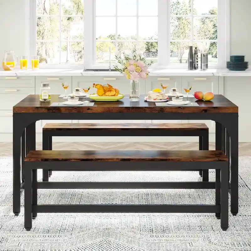 55 Inch Kitchen Table with 2 Benches, Dining Table Set for 4-6