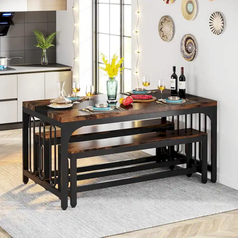 55 Inch Kitchen Table with 2 Benches, Dining Table Set for 4-6