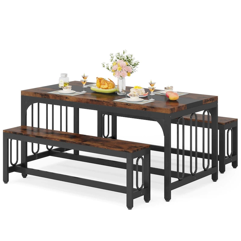 55 Inch Kitchen Table with 2 Benches, Dining Table Set for 4-6