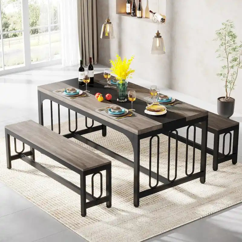 55 Inch Kitchen Table with 2 Benches, Dining Table Set for 4-6