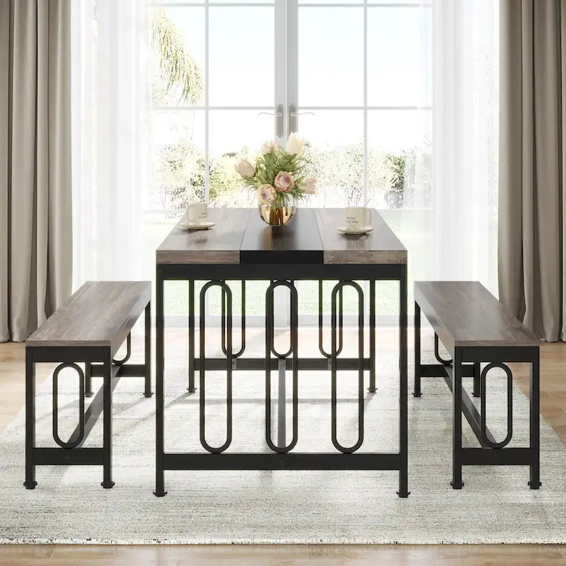 55 Inch Kitchen Table with 2 Benches, Dining Table Set for 4-6