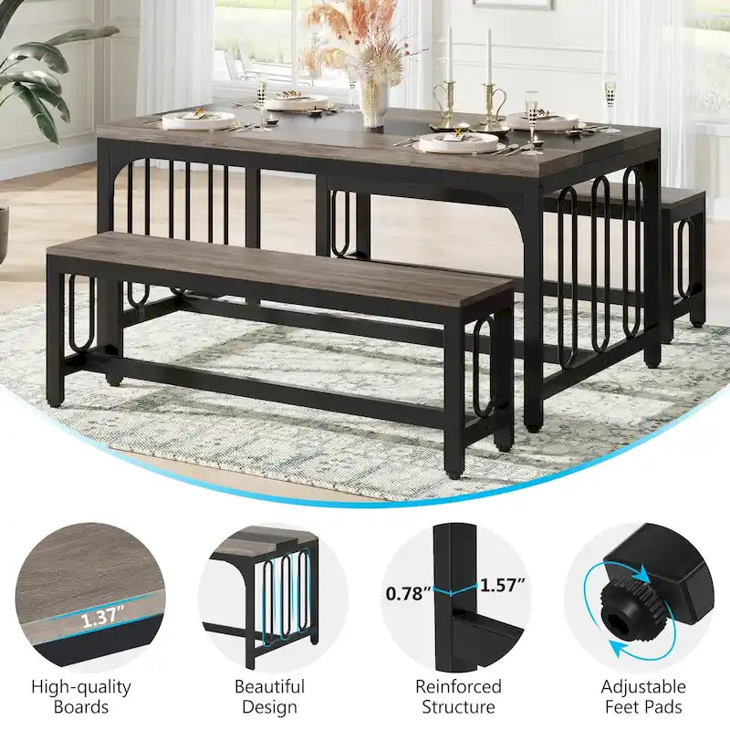 55 Inch Kitchen Table with 2 Benches, Dining Table Set for 4-6