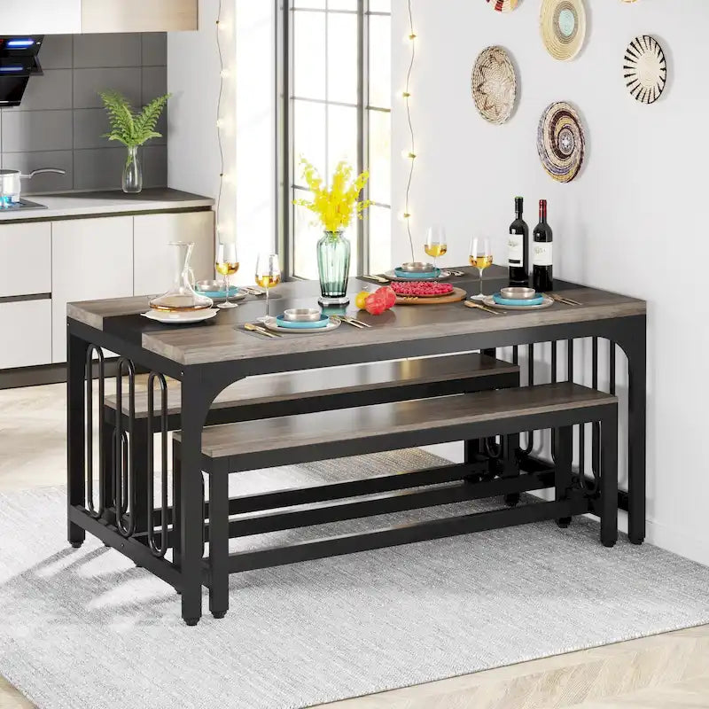 55 Inch Kitchen Table with 2 Benches, Dining Table Set for 4-6