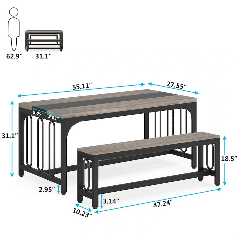 55 Inch Kitchen Table with 2 Benches, Dining Table Set for 4-6
