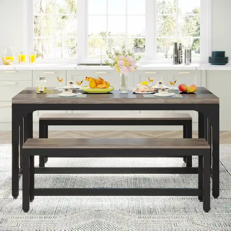 55 Inch Kitchen Table with 2 Benches, Dining Table Set for 4-6