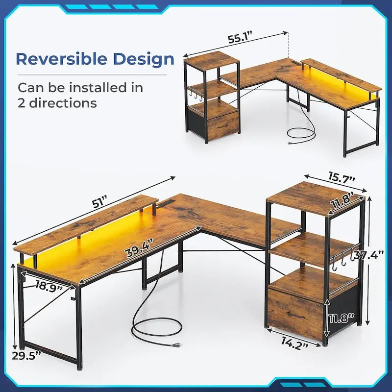 51in Computer Office Desk Storage Shelves Drawer Power Outlets