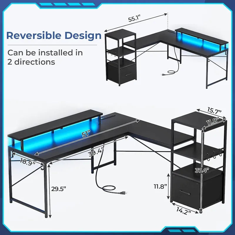 51in Computer Office Desk Storage Shelves Drawer Power Outlets