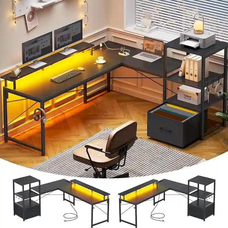 51in Computer Office Desk Storage Shelves Drawer Power Outlets
