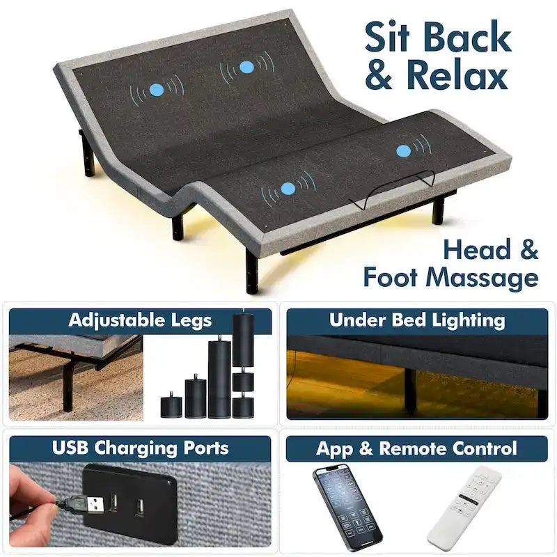 Adjustable Bed Base with 12-inch Hybrid Mattress, Dual Massage, USB Ports, App Control, Underbed Light, Remote