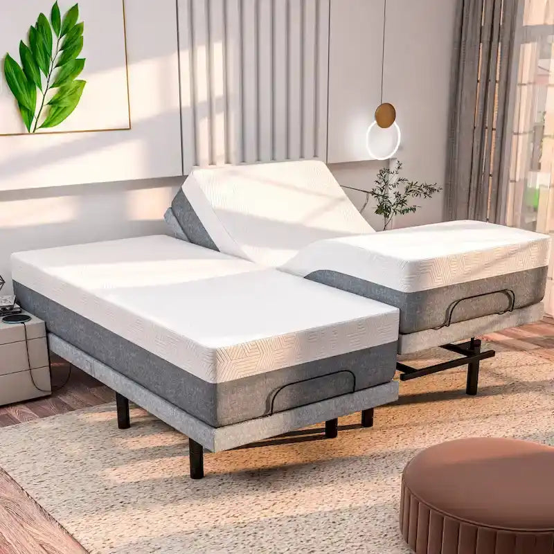 Adjustable Bed Base with 12-inch Hybrid Mattress, Dual Massage, USB Ports, App Control, Underbed Light, Remote