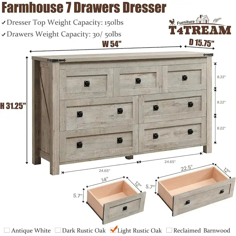 Rustic 7 Drawers Dresser, Wood Chest of Drawers, Dressers Organizer