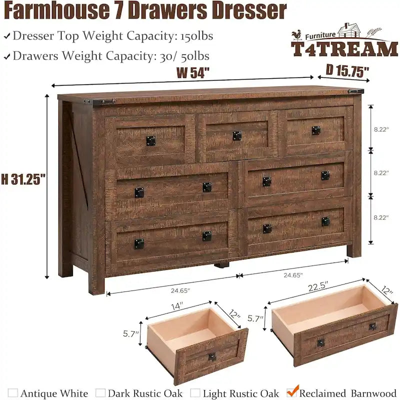 Rustic 7 Drawers Dresser, Wood Chest of Drawers, Dressers Organizer