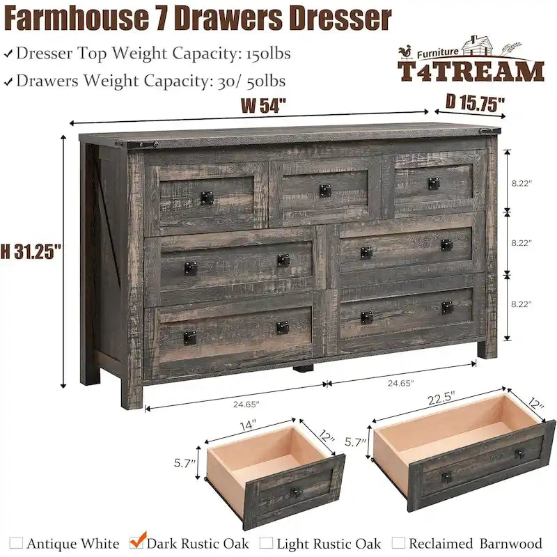 Rustic 7 Drawers Dresser, Wood Chest of Drawers, Dressers Organizer