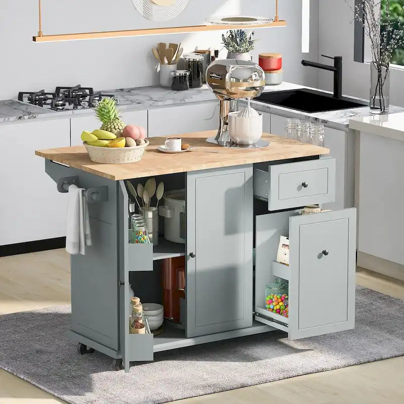 Mobile Kitchen Island with Storage, Adjustable Shelves, Wheels