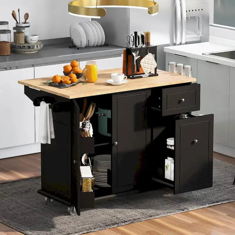Mobile Kitchen Island with Storage, Adjustable Shelves, Wheels