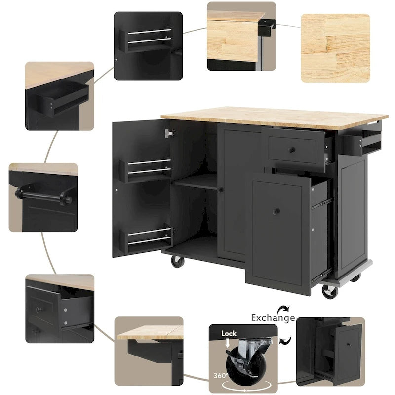 Mobile Kitchen Island with Storage, Adjustable Shelves, Wheels