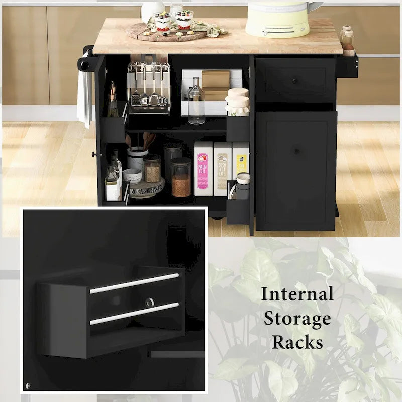 Mobile Kitchen Island with Storage, Adjustable Shelves, Wheels