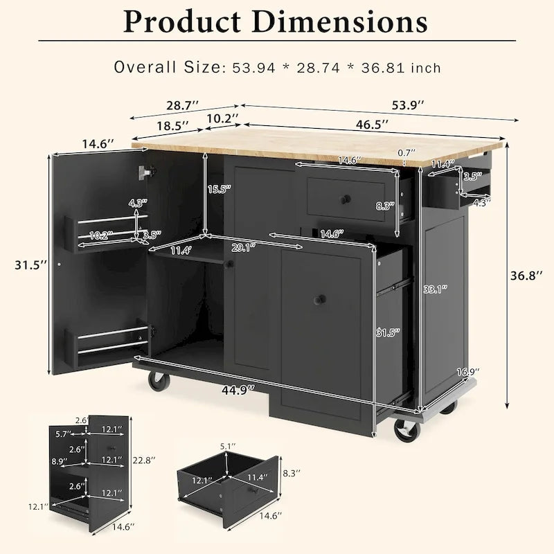 Mobile Kitchen Island with Storage, Adjustable Shelves, Wheels