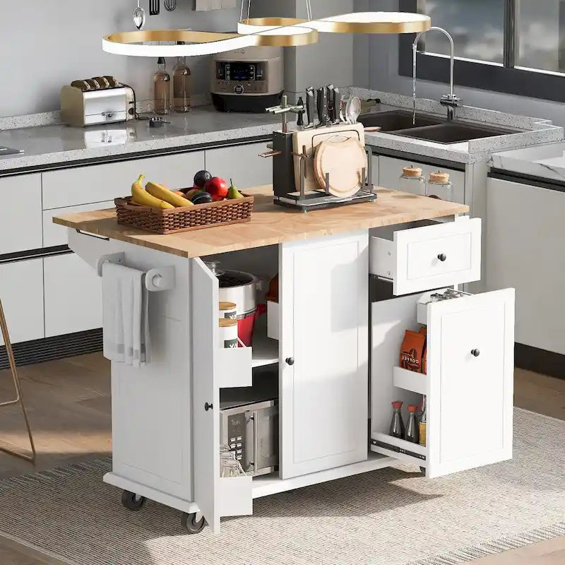 Mobile Kitchen Island with Storage, Adjustable Shelves, Wheels