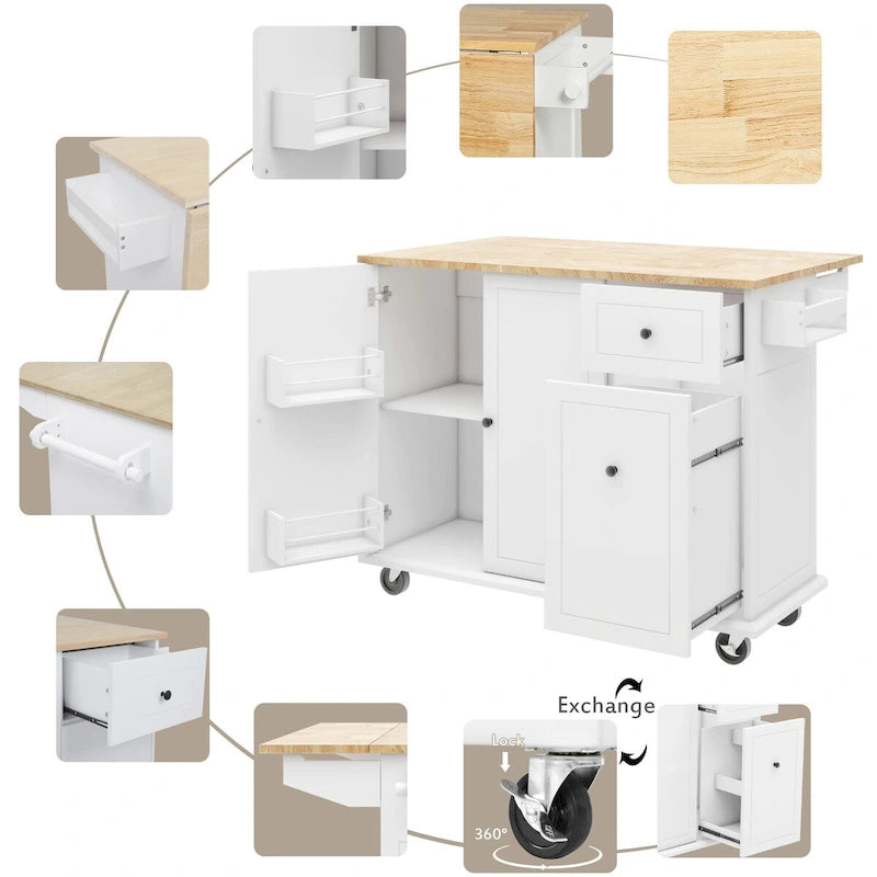 Mobile Kitchen Island with Storage, Adjustable Shelves, Wheels