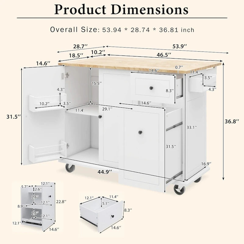 Mobile Kitchen Island with Storage, Adjustable Shelves, Wheels