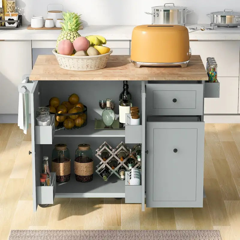 Mobile Kitchen Island with Storage, Adjustable Shelves, Wheels