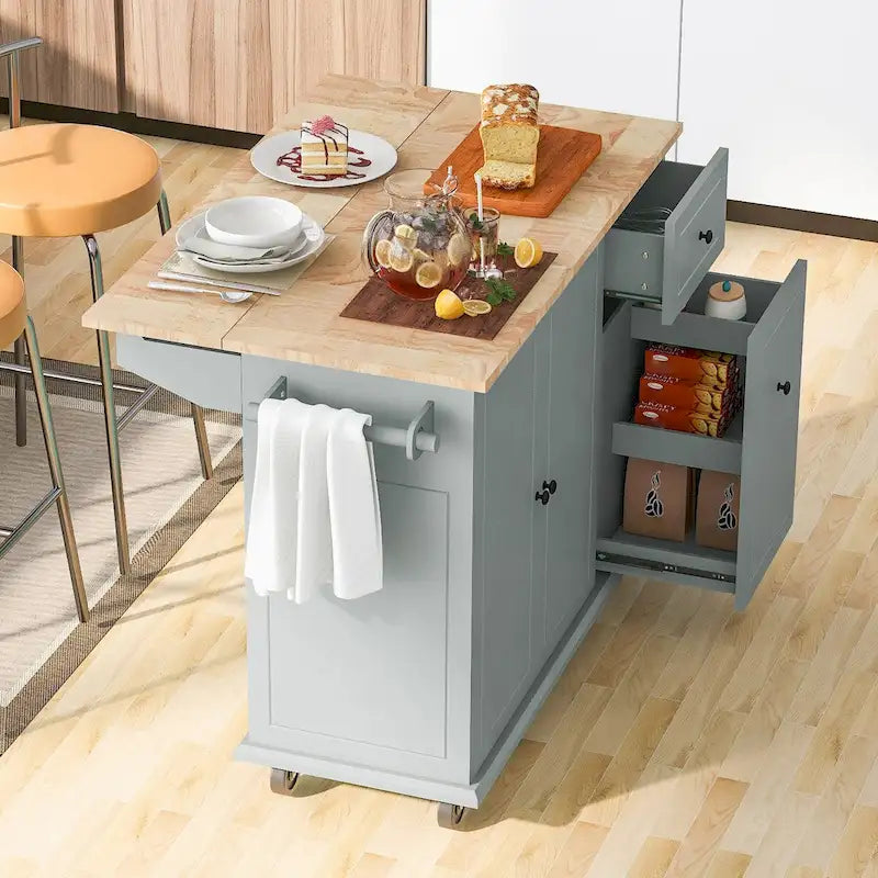 Mobile Kitchen Island with Storage, Adjustable Shelves, Wheels