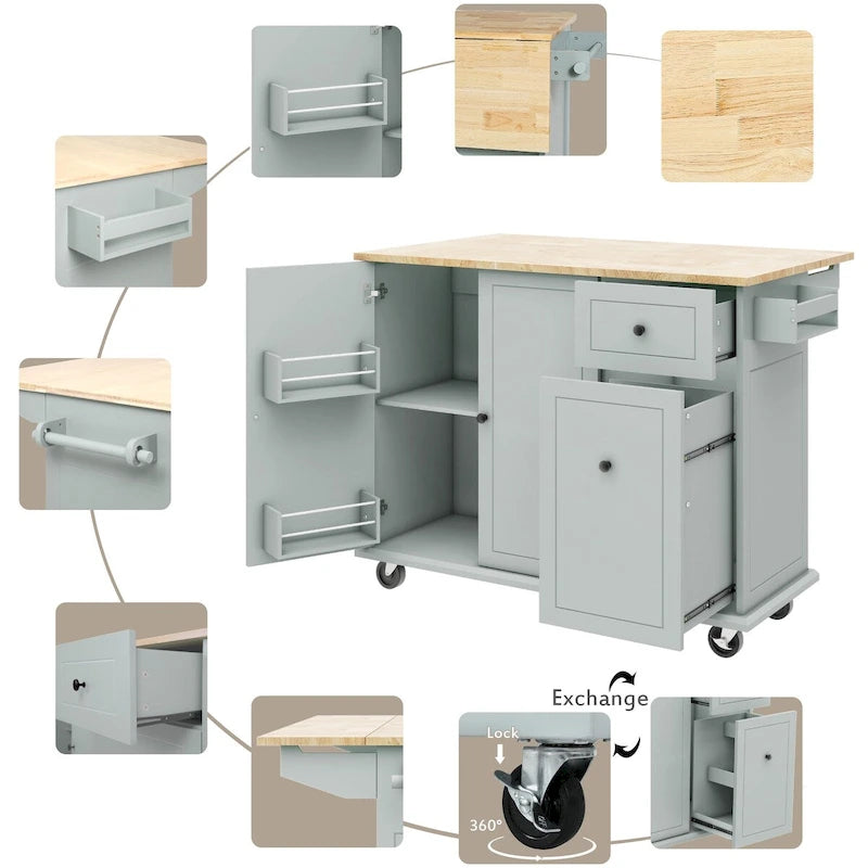 Mobile Kitchen Island with Storage, Adjustable Shelves, Wheels