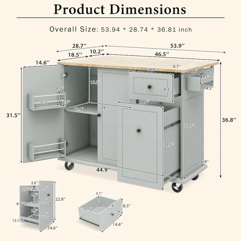 Mobile Kitchen Island with Storage, Adjustable Shelves, Wheels