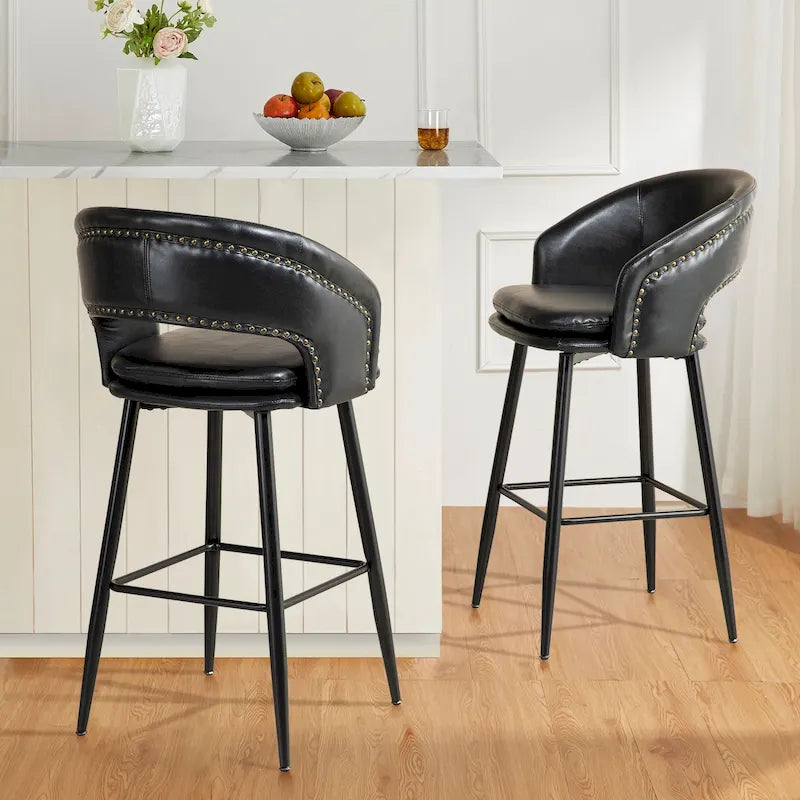 Set of 2 Mid-Century Modern 40.5H Faux Leather Bar Stools with Nailhead Trim