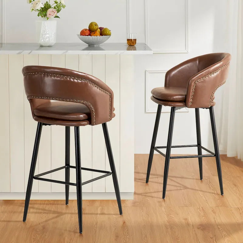 Set of 2 Mid-Century Modern 40.5H Faux Leather Bar Stools with Nailhead Trim
