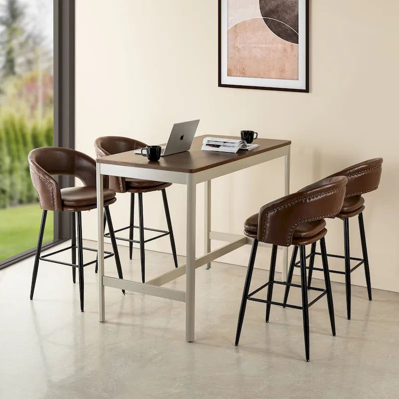 Set of 2 Mid-Century Modern 40.5H Faux Leather Bar Stools with Nailhead Trim