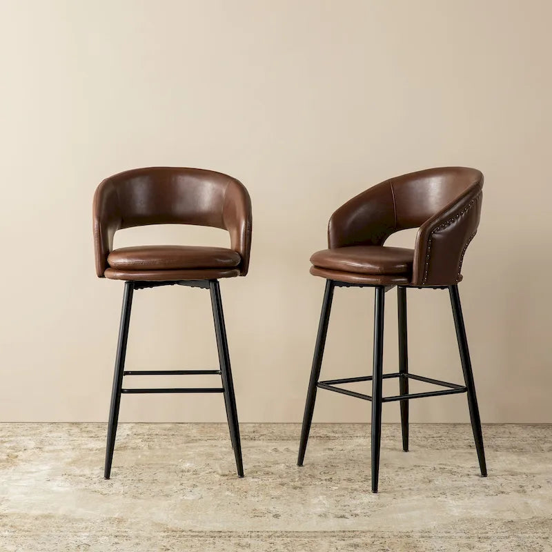 2er-Set moderner Barhocker im Mid-Century-Stil, 40.5H, aus Kunstleder mit Nagelkopfbesatz