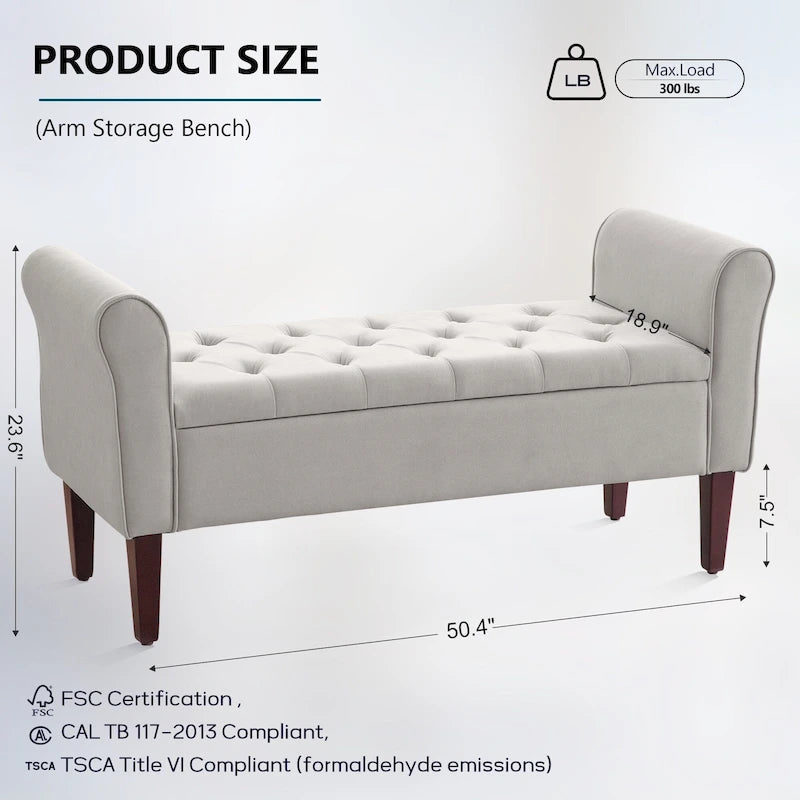 Upholstered Storage Bench Arm Bench Entryway Bench with Tufted Flip Top 50.4 Inches