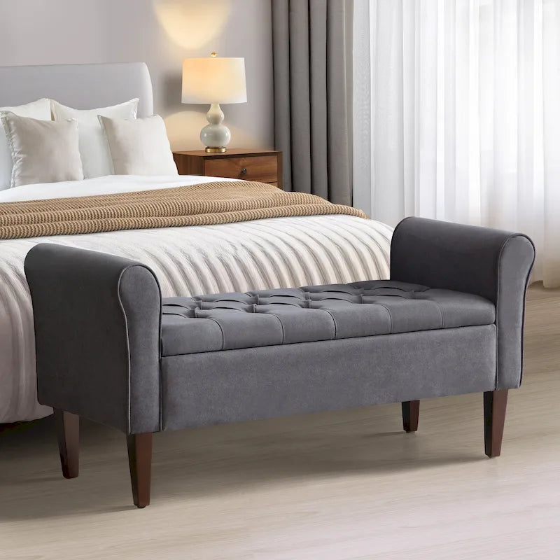 Upholstered Storage Bench Arm Bench Entryway Bench with Tufted Flip Top 50.4 Inches